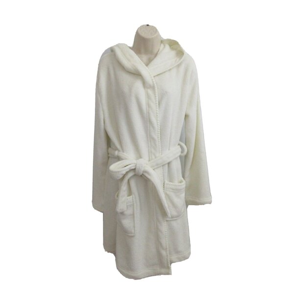 Make + Model Hooded Robe Size Medium White Plush Super Soft Short Spa Cruise NEW - Picture 2 of 8